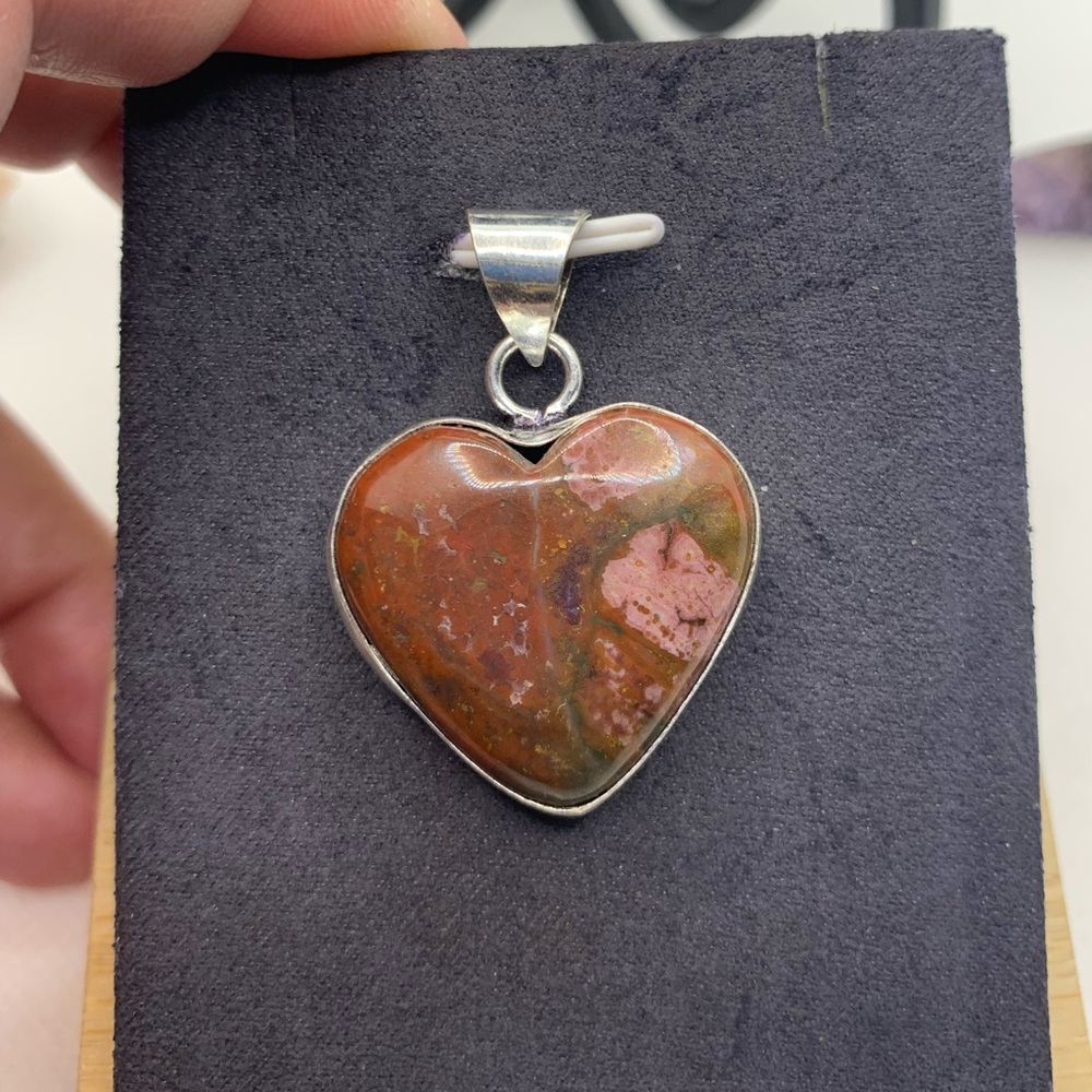 Unique Dragon Bloodstone Heart Stone Pendant, .925 Sterling Silver Overlay